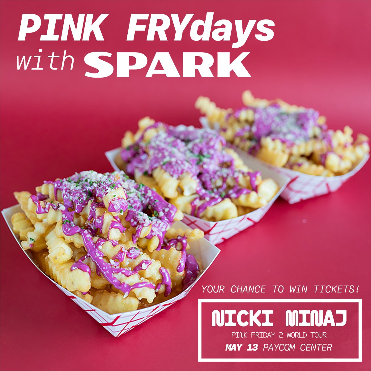 Celebrate Pink FRYdays in #OKC leading up to Nicki Minaj on 5/13! Head to Spark, grab your Pink Fries, and post a photo to socials tagging both @eatatspark and @PaycomCenter with #pinkfryday for a chance to win tickets. 🍟 We’ll pick a winner each Friday leading up to the show!