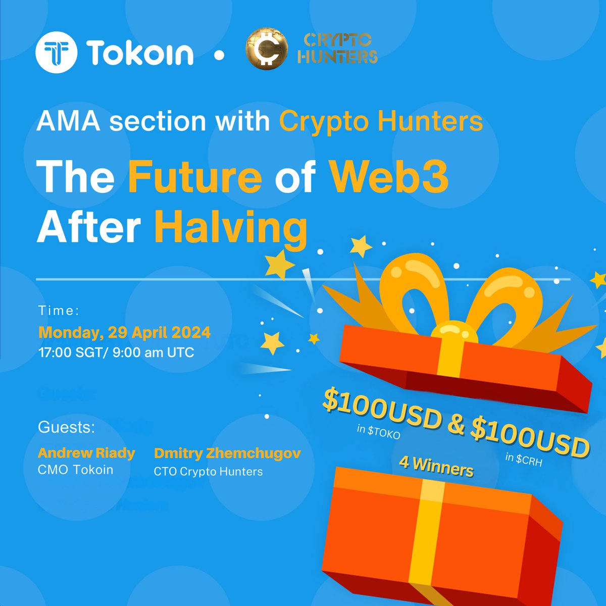 Join us for an exclusive AMA with @crhgame , as we discuss 'The Future of Web3 After Halving' 🌎📈 📆 Tune in at Monday, 29 April 2024, 17:00 SGT/ 9:00 am UTC Get a chance to win $100USD in $TOKO and $100USD in $CRH for 4 lucky winners 🍀