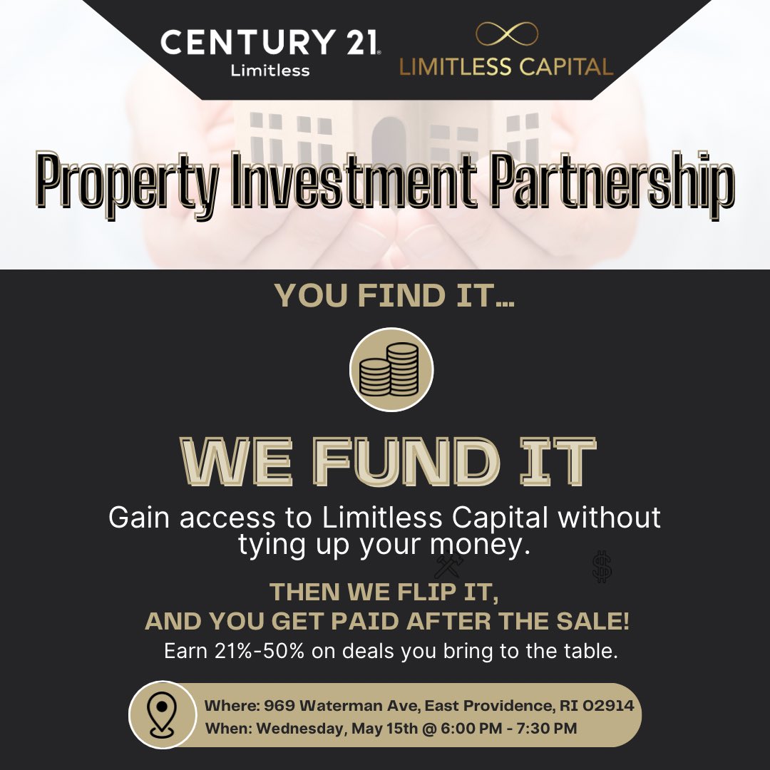 ✨We Fund It💰✨

Unlock the power of no-risk financing through our Property Investment Partnership Program.

Click the link to rsvp today! …yinvestmentpartnership.splashthat.com

#century21limitless #limitlesscapital #limitless #century21 #realestateinvestor #realestate #realestatesales