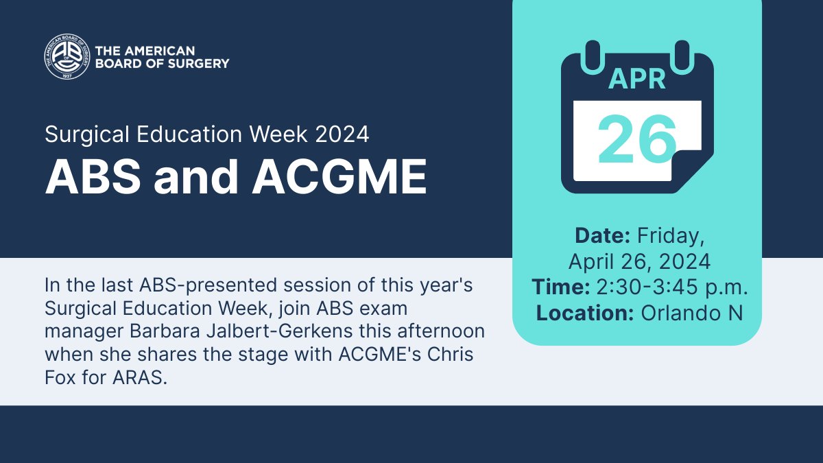 In the last ABS-presented session of #SEW2024, join ABS exam manager Barbara Jalbert-Gerkens this afternoon when she shares the stage with ACGME's Chris Fox for @ARASurgery.