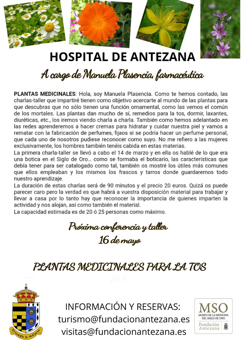 Nueva conferencia y taller a cargo de Manuela Plasencia @manuca7 ,   el 16 de mayo no te pierdas 👉 Plantas medicinales para la tos, en el Hospital de Antezana  
🏛️ #AlcaládeHenares #FundaciónAntezana desde 1483 #AlcaláEnamora #Spain
