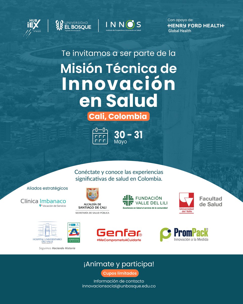 🛫 Únete a la Misión Técnica de #InnovaciónenSalud - Cali 2024. 

Visitaremos instituciones líderes con el objetivo de aprender de sus experiencias significativas, compartir iniciativas y, sobre todo, fortalecer juntos el #EcosistemadeSaludenColombia.