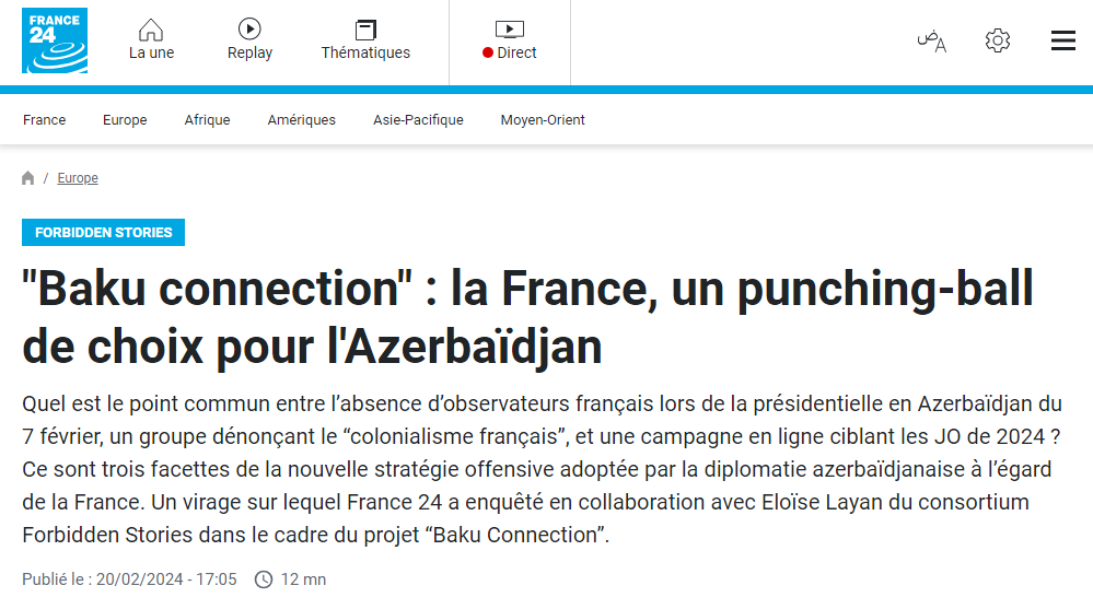 StopLobbyAzeri's tweet photo. Pour encore plus d'informations sur cette nouvelle stratégie d'influence 🇦🇿, voir l'article ""Baku connection" : la France, un punching-ball de choix pour l'Azerbaïdjan" publié sur France24 le 20 février 2024. https://t.co/8BWfXRrL0V