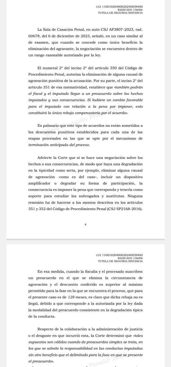 Corte Suprema en reciente fallo de tutela (STP4560-24) reitera la postura del Rad. 60.678/23 en cuanto a la posibilidad de realizar preacuerdos en modalidad de degradación antes del juicio oral, sin el condicionamiento a la fase procesal respecto del porcentaje de rebaja.