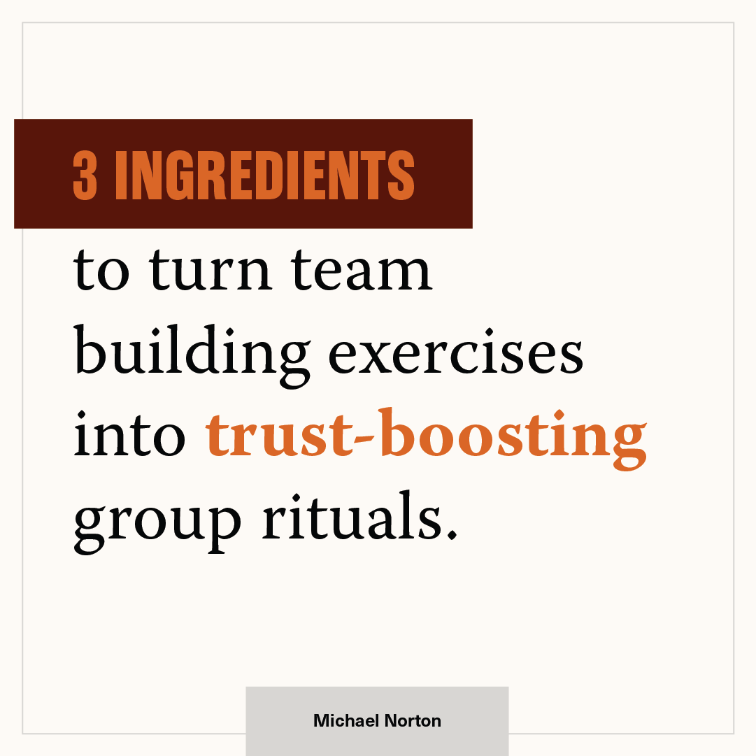 Transform teambuilding into trust-building group rituals with 3 key elements:

1️⃣Physical Movement or Touch
2️⃣Synchrony
3️⃣Highlighted Shared Identity

Incorporate these into teambuilding exercises for stronger bonds!

#TheRitualEffect #TeamBuilding