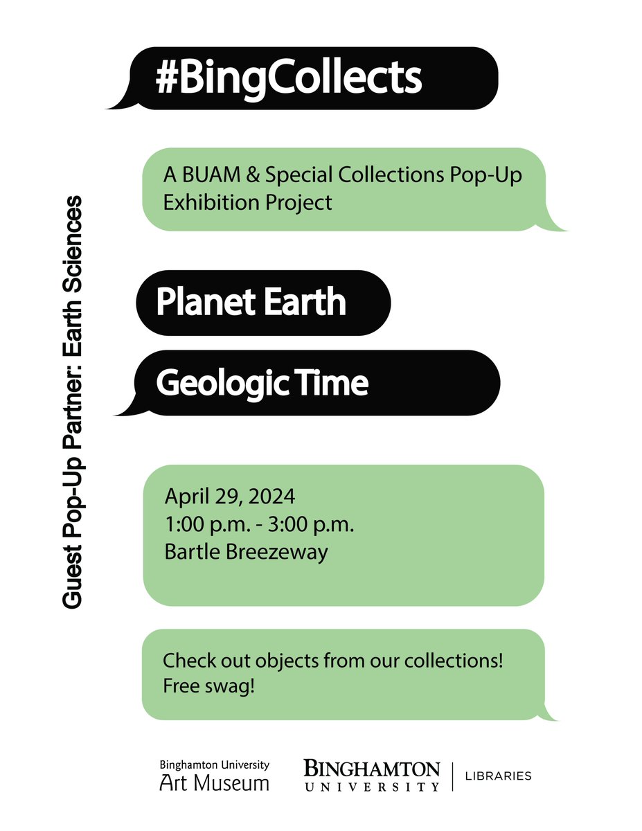 Our final #BingCollects pop-up of the academic year! An encore with our partners from Earth Sciences. "Planet Earth: Geologic Time," Monday, April 29, 2024 in Bartle Breezeway. Come see fossils, artwork and books on the theme! Read more about the project: bit.ly/3FbItir
