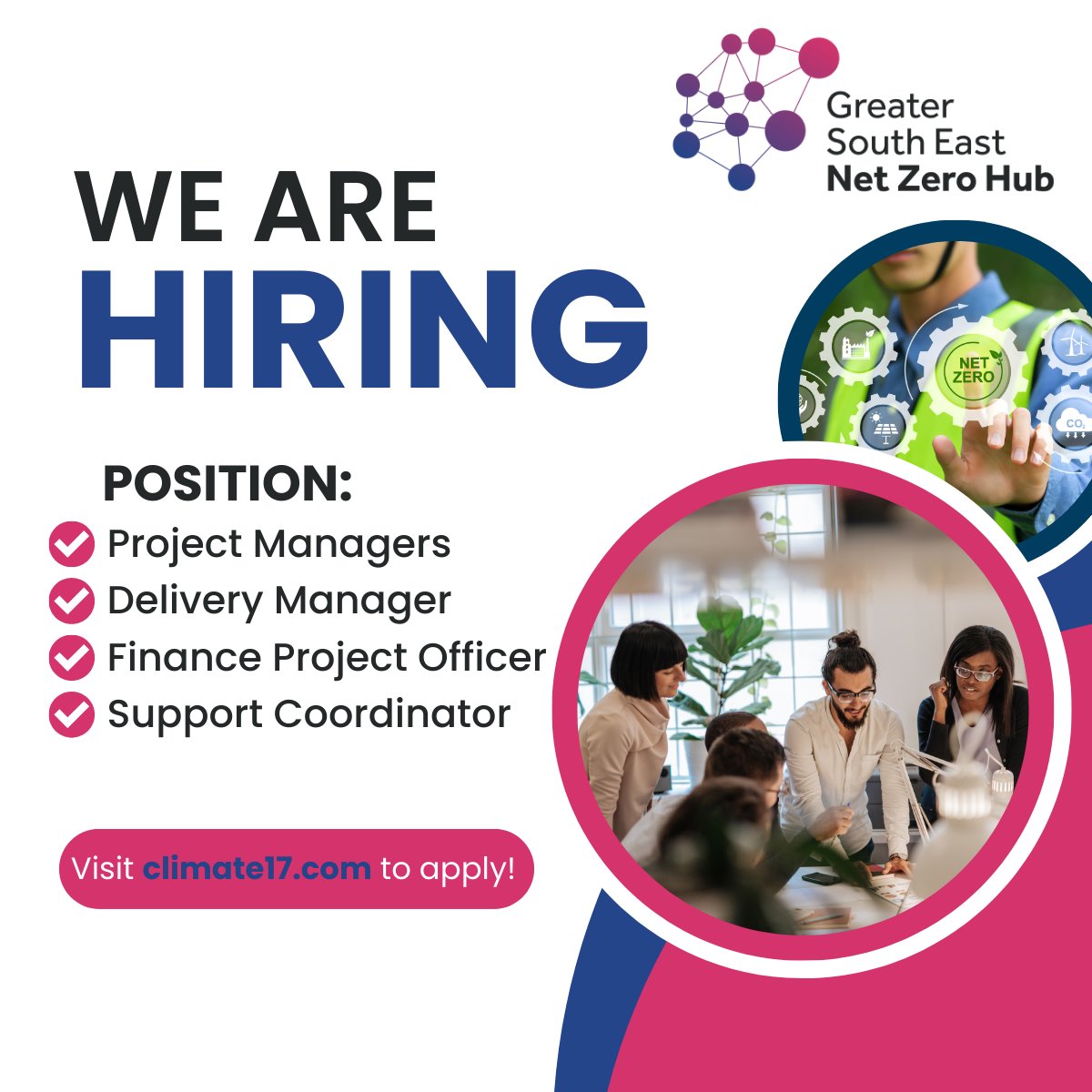 We are delighted to be recruiting for six roles to support the Local Net Zero Accelerator programme! Visit climate17.com/jobs and search “GSENZH” to view these exciting and impactful opportunities. #JobAlert #Recruiting #Hiring #NetZero @Climate17rec @energygovuk