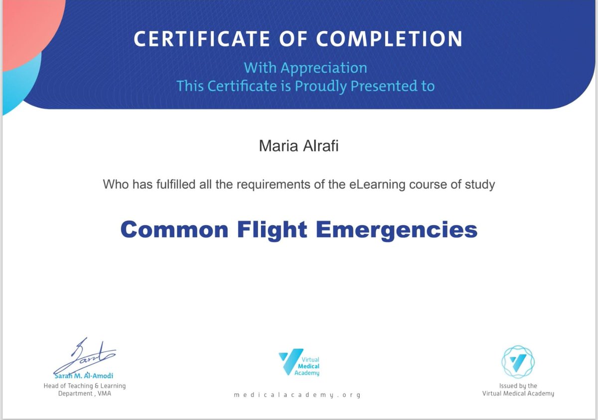 Delighted to share that I've successfully completed an online course on common in-flight emergencies! Looking forward to applying this knowledge to enhance public safety and awareness while travelling 🛫✈️  #aviationsafety #Emergencyresponse #lifelonglearner.