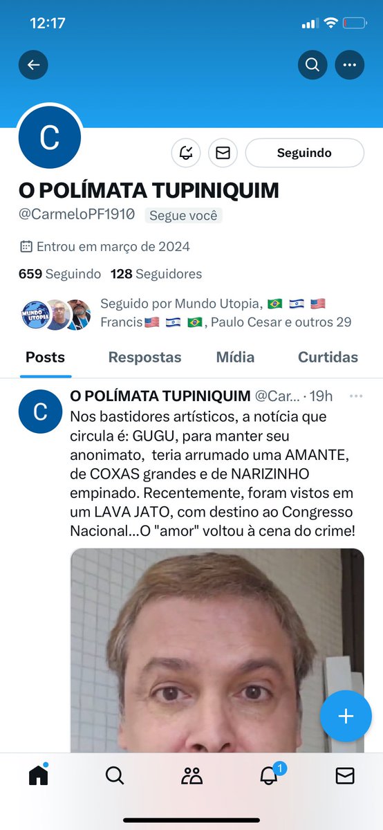 Obrigado por me seguir de volta @CarmeloPF1910 nessa conta e na principal @SERGIOR49076581 também Carmelo!🤝🤝Patriotas, vamos fazer o patriota passar de 200 seguidores ainda hoje?💪💪🇧🇷🇧🇷🤝🤝PEÇO A CARMELO QUE SIGA DE VOLTA TODOS OS PATRIOTAS QUE IRÃO TE SEGUIR! 🇧🇷DIREITA UNIDA!