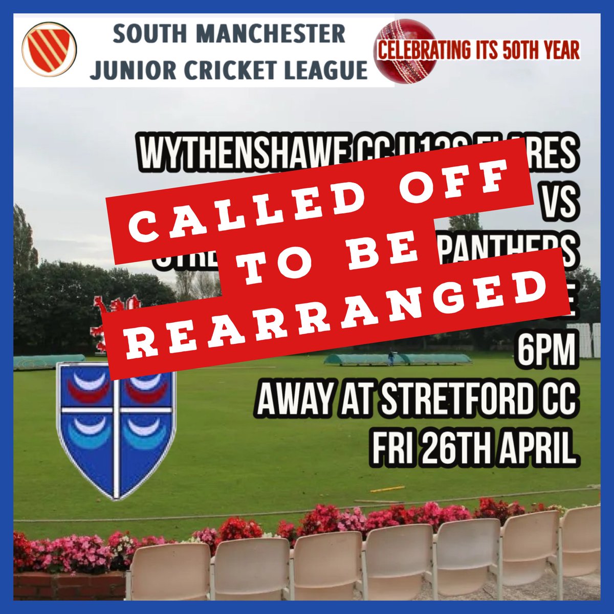 Sadly 😔 tonight’s @smanjcl U13s friendly league match away @Stretford_CC for our U13s Flares has been called off - to be rearranged 🤞🏏