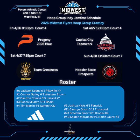 Here is the schedule for 2026 Midwest Basketball - Crawley this weekend at the Indy Jam Fest. We are excited about the opportunity to compete! This is a great team to watch 👀. Come out and support!