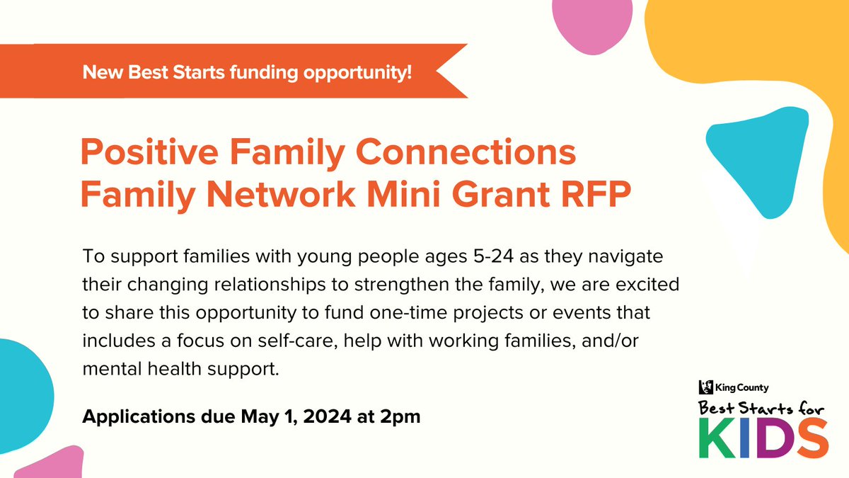 DEADLINE EXTENDED TO MAY 1!

These mini grants are open to families collaborating for the purpose of improving connection among caregiving adults and the children and young people in their care. 

Get the details here: bit.ly/3U8UEDK