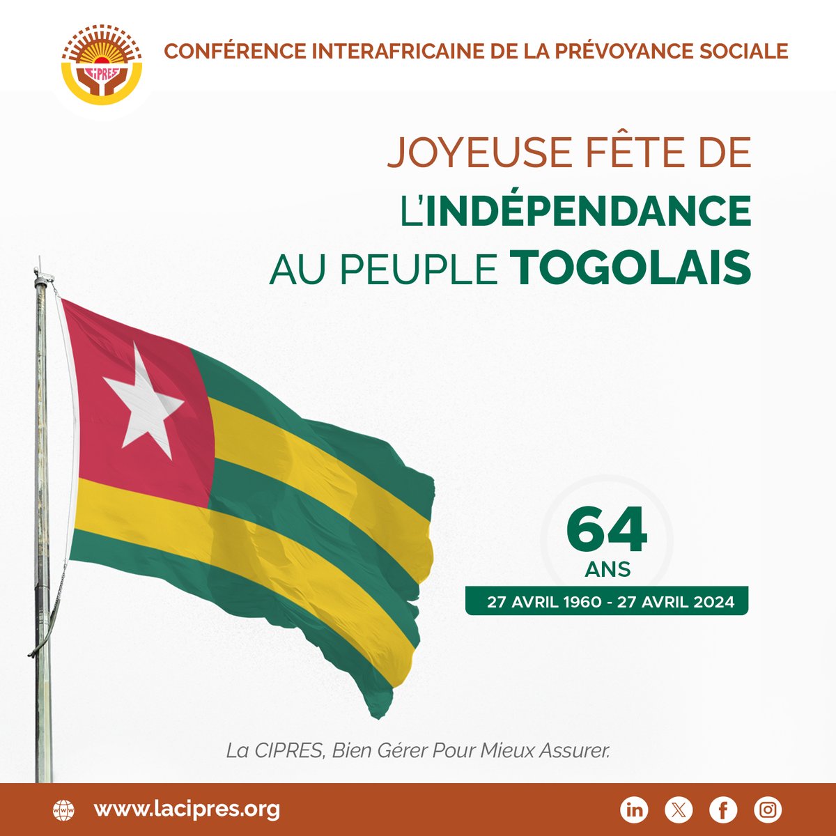 🎉 La CIPRES souhaite une bonne fête de l’Indépendance à toute la nation togolaise. 🇹🇬 

#Togo #Togolais #Togolaises  #Independance #CIPRES #SecuriteSociale #PrevoyanceSociale #ProtectionSociale 

@GouvTg