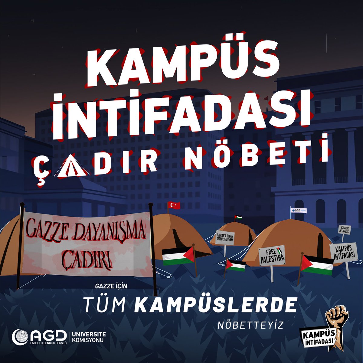 Çadır Nöbetleri

Kampüs İntifadası

Gazze'de yaşanan soykırıma karşı Türkiye geneli tüm üniversitelerimizde nöbet tutuyoruz!

🗓️ 29 Nisan 2024'ten itibaren

📍 Tüm Türkiye'de