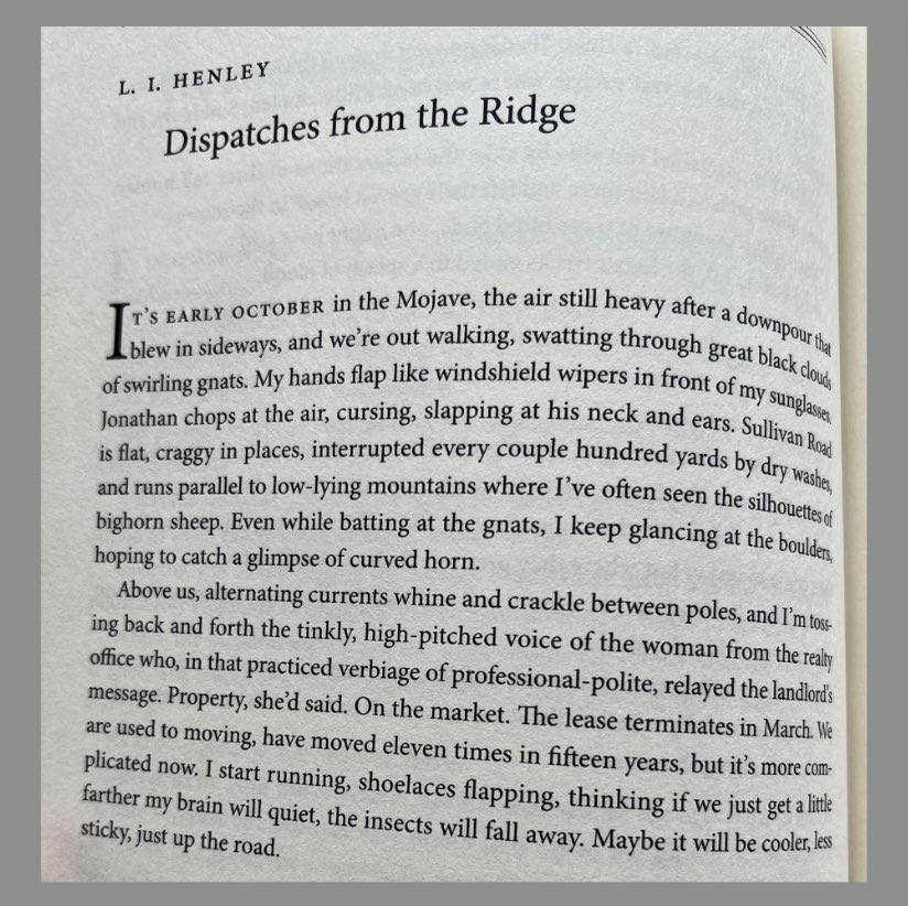 Congratulations to L. I. Henley on the publication of her essay “Dispatches from the Ridge” in The Southern Review, a piece chronicling the months leading up to her move away from the desert place that raised her & where her Perugia book, STARSHINE ROAD is set. @TheSouthernRev