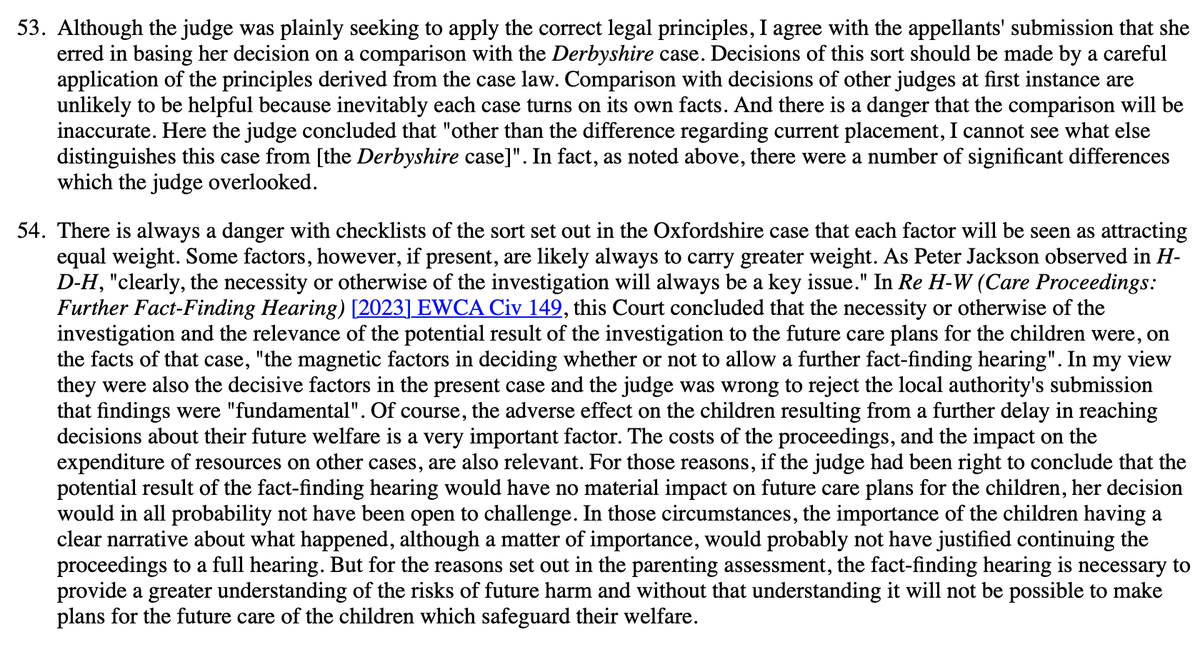 Court of Appeal overturns a case management decision in care proceedings in the Family Court that a fact-finding hearing was unnecessary. CA cautions against dangers of placing too much reliance on first instance decisions: bailii.org/ew/cases/EWCA/…