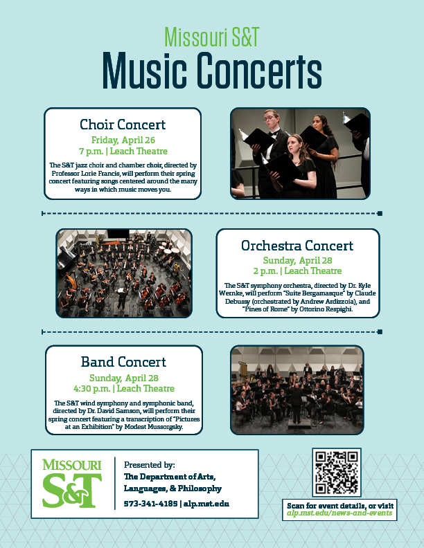 It's going to be a busy weekend for our music faculty and students in @LeachTheatre! - Choir Concert tonight at 7 p.m. - Orchestra Concert Sunday at 2 p.m. This will be Dr. Wernke's final concert at S&T. Please join us in wishing him farewell! - Band Concert Sunday at 4:30 p.m.