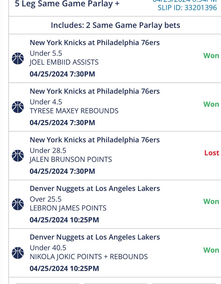 I lost buy one team, 5 leg parlay, odd price +1596 , so if you bet $100, it would of payed $1596 + your bet amount 

Like and share if this was a good ticket 

#Sportbetting