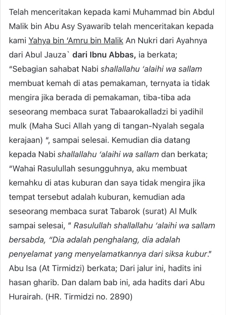 Guys, biasain baca surah 
Al Mulk sebelum tidur deh. Selain dia bisa mengampuni dosa pembacanya, dpet pahala jg (baca Quran scr umum aja udh dpet pahala), trus yg paling penting 

✨BISA JADI PENYELAMAT DARI SIKSA KUBUR✨

🤗

rumaysho.com/1110-keutamaan…