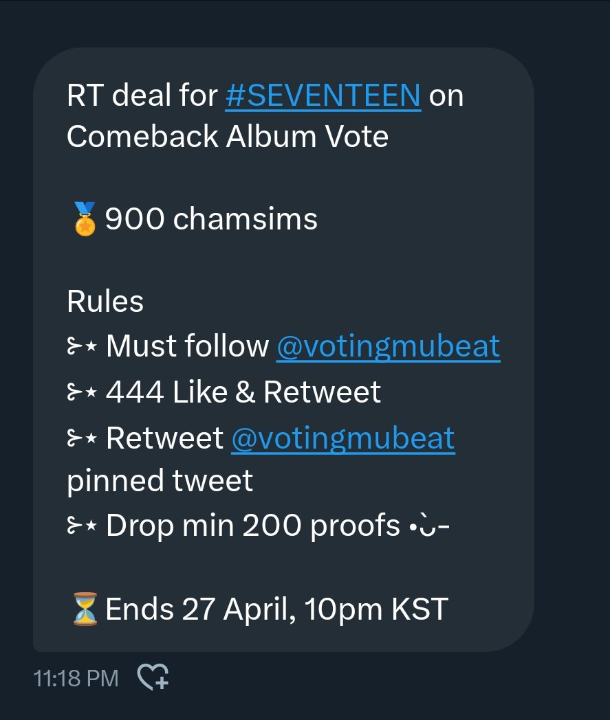 RT deal for #SEVENTEEN on Comeback Album Vote 🏅900 chamsims Rules ⊱⋆ Must follow @votingmubeat ⊱⋆ 444 Like & Retweet ⊱⋆ Retweet @votingmubeat pinned tweet ⊱⋆ Drop min 200 proofs •̀⁠ᴗ⁠- ⏳Ends 27 April, 10pm KST #TakeOverCARATS