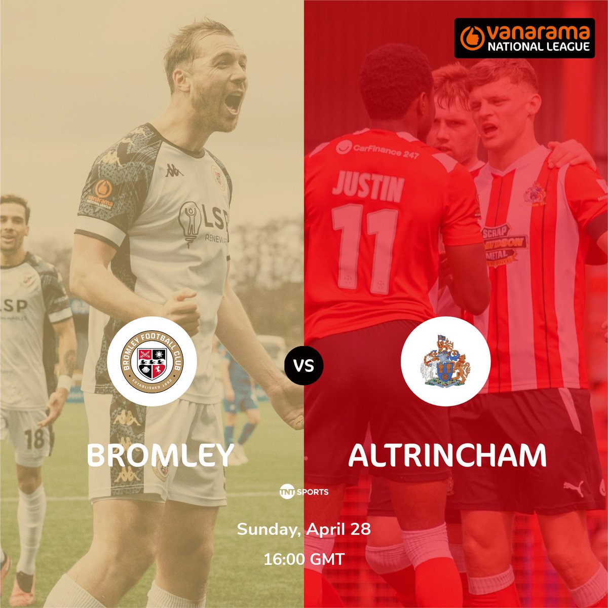 Not long until we find out our second National League Promotion Finalist, live on @tntsports 🎥 Who have you got: @bromleyfc or @altrinchamfc? 📸 @MartinGreig2, @altymoore1 #TheVanarama | @TheVanaramaNL