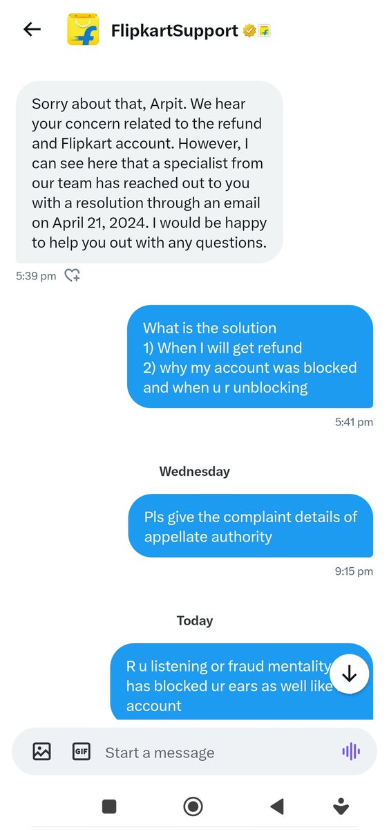 @flipkartsupport Guys see this they told to provide resolution by 21 APR and instead of providing refund of 17650/- these frauds blocked the account on 20april so that they can gallop the money. screenshot is enclosed #boycottflipkart#frauds#