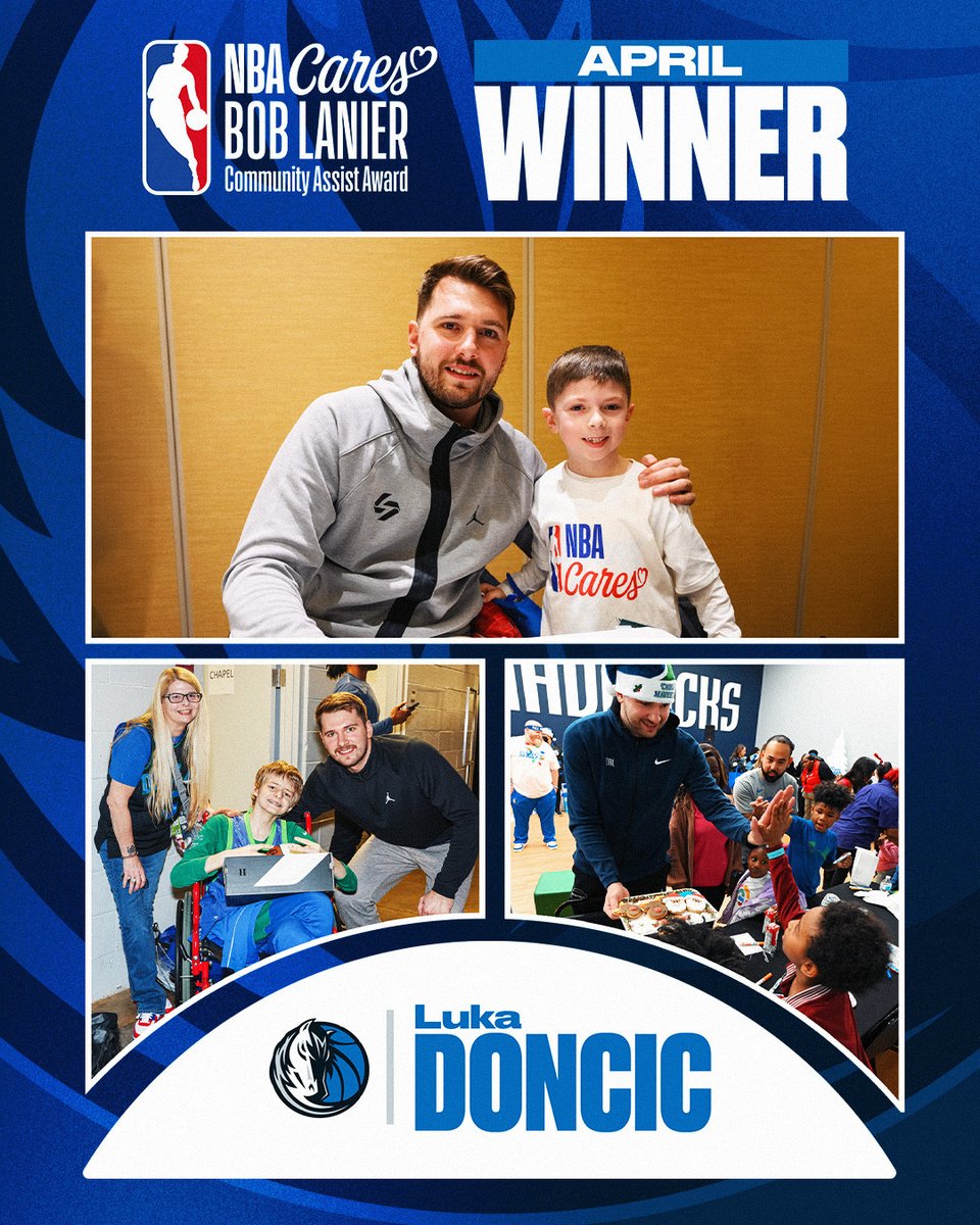 Congratulations to @dallasmavs Luka Doncic for being named the #NBACares Bob Lanier Community Assist Award winner for the month of April for his ongoing efforts in providing memorable experiences for youth and uplifting communities. Learn more at cares.nba.com/luka-doncic-caa