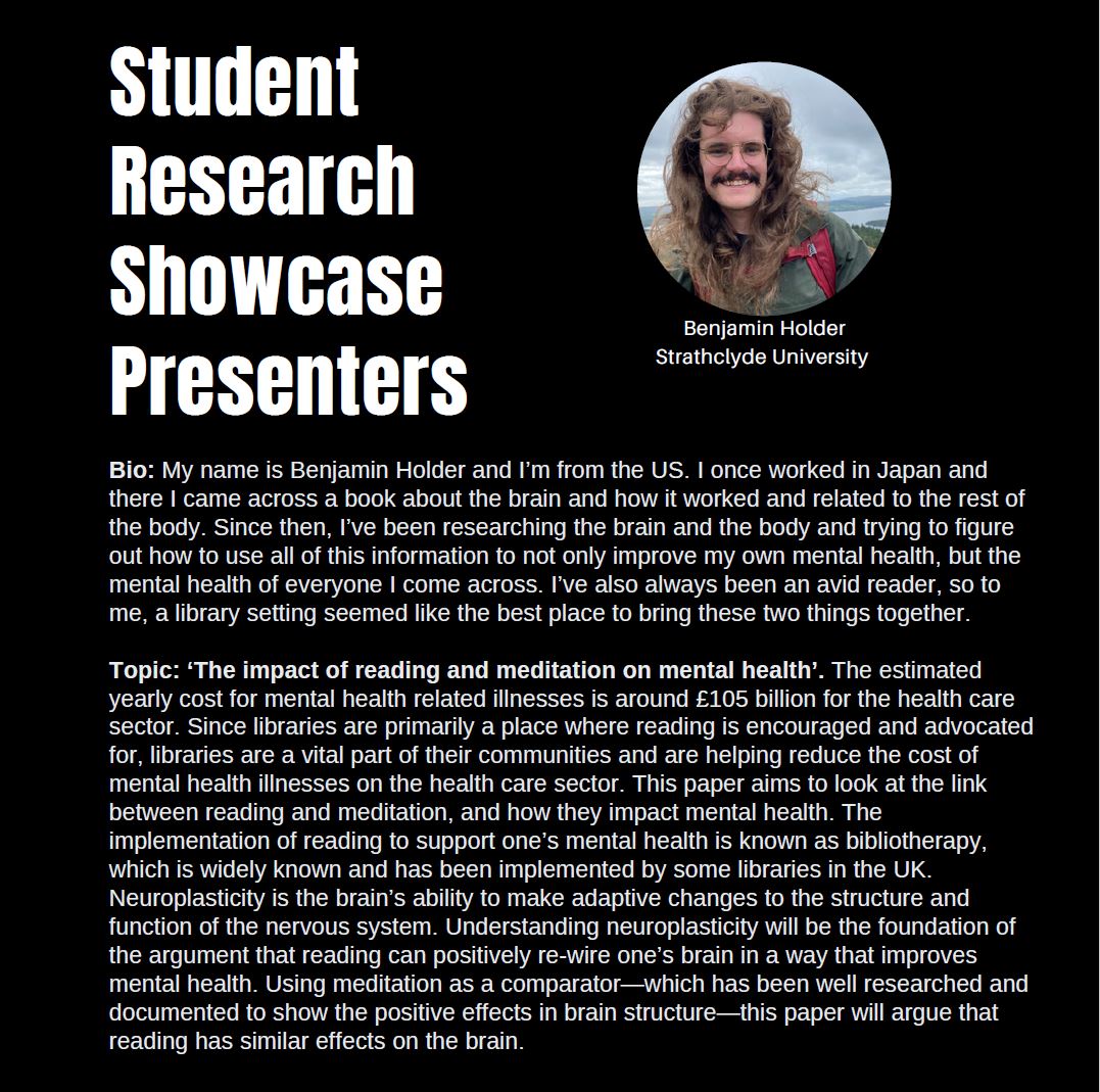 Our fourth and final featured #StudentResearchShowcase24 speaker is Benjamin Holder from <a href="/Strath_iSchool/">Strathclyde iSchool</a> who is investigating the impact of reading and meditation on mental health.
