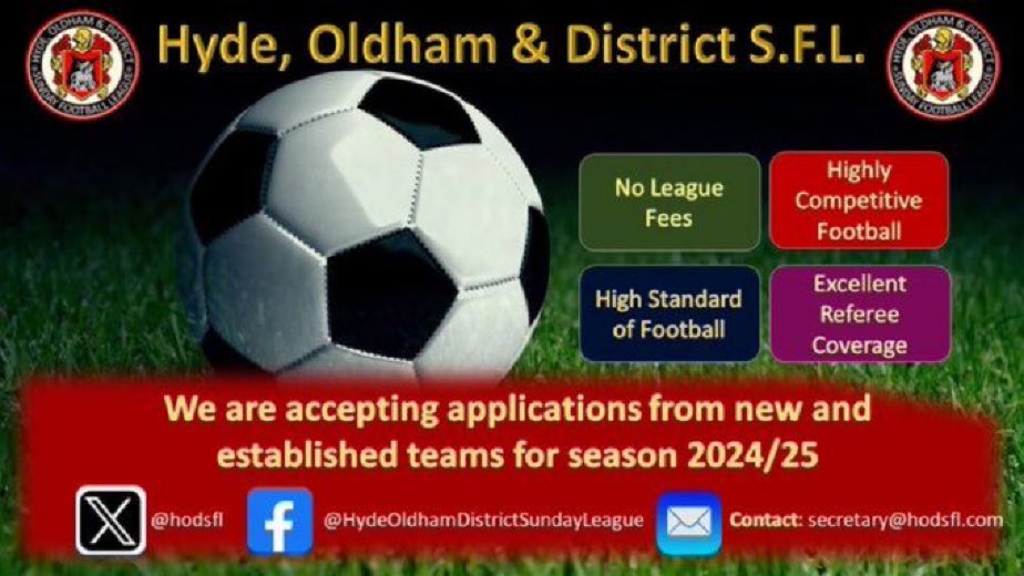 We have already received many applications for next season. No league fees. Good competitive, disciplined regular football for teams at all standards. Come & join us, new or existing clubs that fancy a new challenge Applications to secretary@hodsfl.com