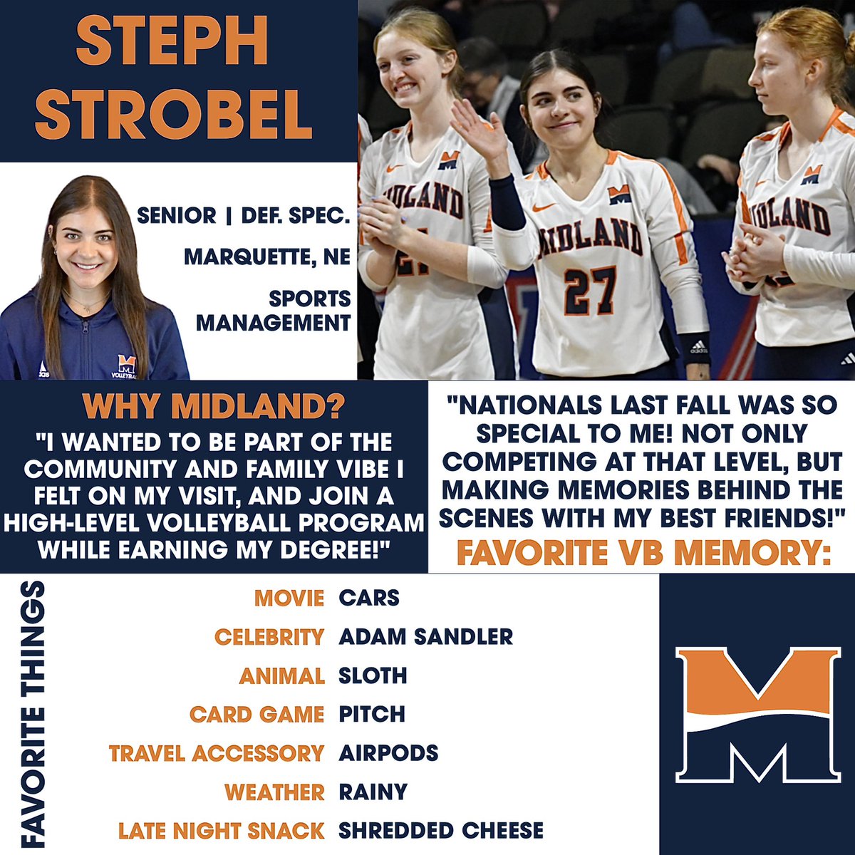 🌟 Warrior Spotlight 🌟 Get to know senior defensive specialist Steph Strobel, who was recently recognized as Midland University’s Ambassador of the Year for 2023-24. Steph is truly the epitome of servant leadership, which is one of our program’s core values. 🧡