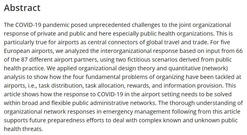 New #openaccess in PAR: Adaptive organizational network response in a crisis: The case of five European airports during the COVID-19 pandemic by Doret de Rooij, Aura Timen, and Jörg Raab: buff.ly/3UbcVjF