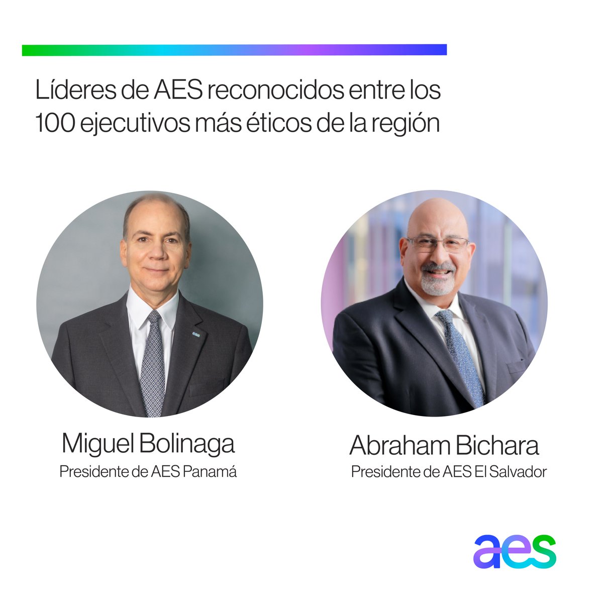 Nuestros líderes en AES son reconocidos entre los 100 ejecutivos más éticos de la región por la revista Summa. 📖✨ Miguel Bolinaga presidente de AES Panamá y Abraham Bichara presidente de AES El Salvador.⚡️🤝🏼 ¡Un honor para nuestra organización!