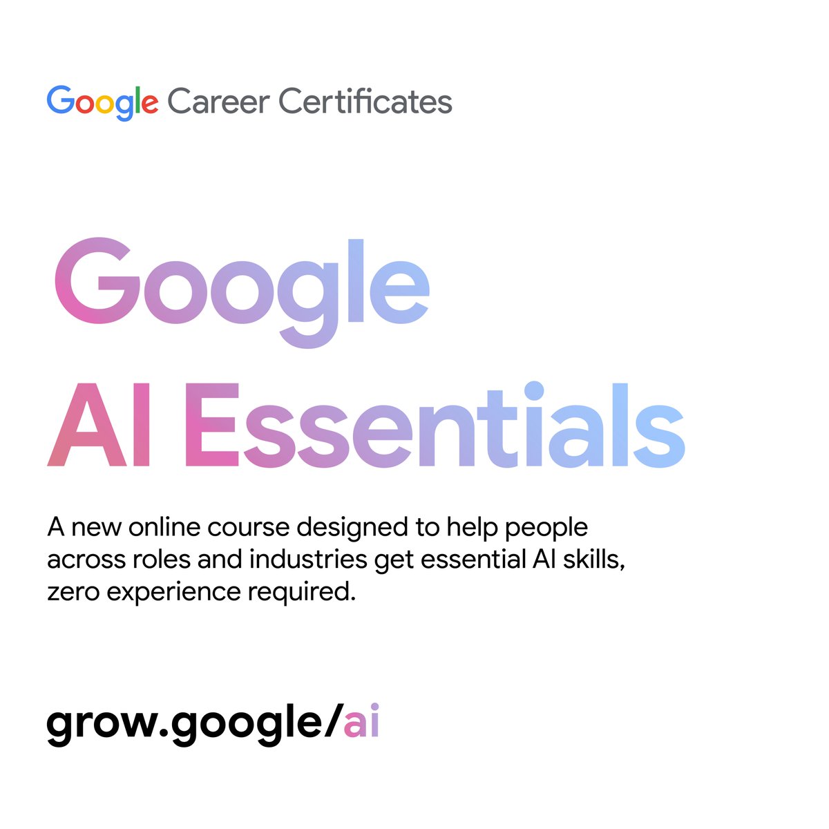 Big news today! Drawing on years of experience & investment in upskilling programs, we’re excited to launch Google AI Essentials & the @Googleorg AI Opportunity Fund to ensure people from all backgrounds have access to #AI training. #GrowWithGoogle goo.gle/3wjYkKO