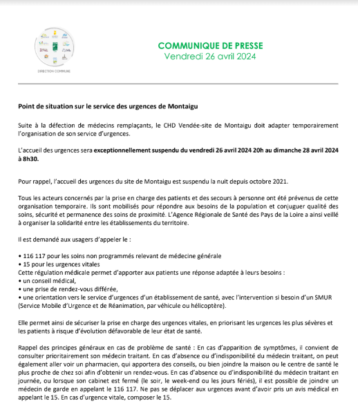 𝐂𝐎𝐌𝐌𝐔𝐍𝐈𝐐𝐔𝐄 𝐃𝐄 𝐏𝐑𝐄𝐒𝐒𝐄 Groupe des Hôpitaux de #Vendée <a href="/samu85/">SAMU de la Vendée</a> 

Point de situation du service des urgences de <a href="/MontaiguVendee/">Montaigu Vendée</a> 🏨