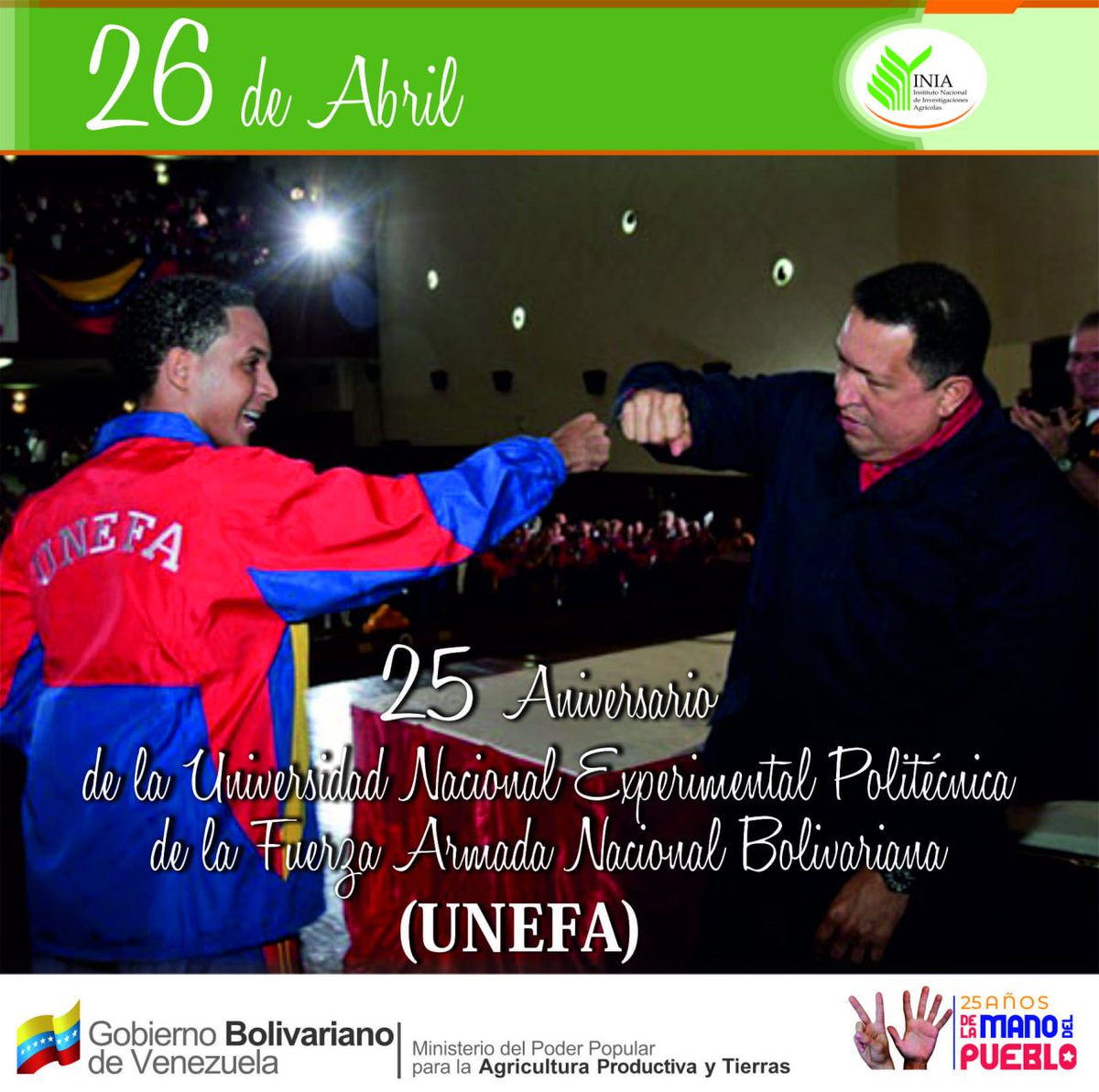 #Efeméride | Tal día como hoy #26abr, pero de 1999, el Comandante Hugo Chávez decretó la creación de la UNEFA, con sede principal en la Región Capital y núcleos en lugares del país, requeridos por las Fuerzas Armadas. . . . #RealityShowFactorM #IgualdadYJusticiaSocial