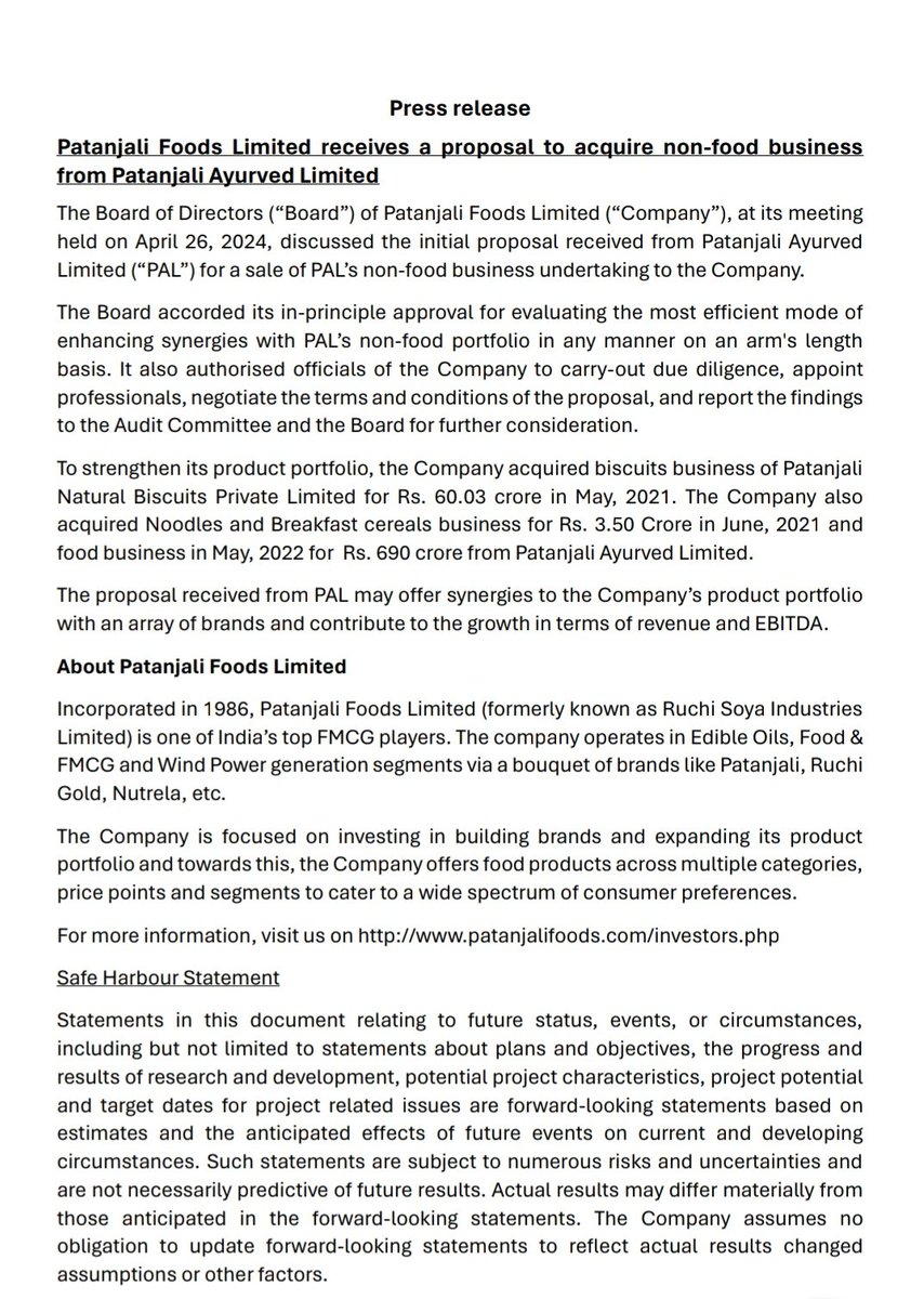 Patanjali Foods gets proposal from Patanjali Ayurved to buy the latter's non-food business.

Why? Is this an attempt to list the Ayurved business?