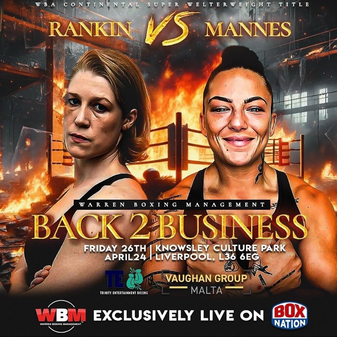 Fight Night 🥊

Just hours away from Hannah Rankin headlining in Liverpool.💥

It's Rankin 🆚️ Mannes for the WBA Continental Super-Welterweight Title live on Boxnation.

World honours await and Hannah is on a quest to become a 3x world champion.🔥

Don't miss it tonight.👊