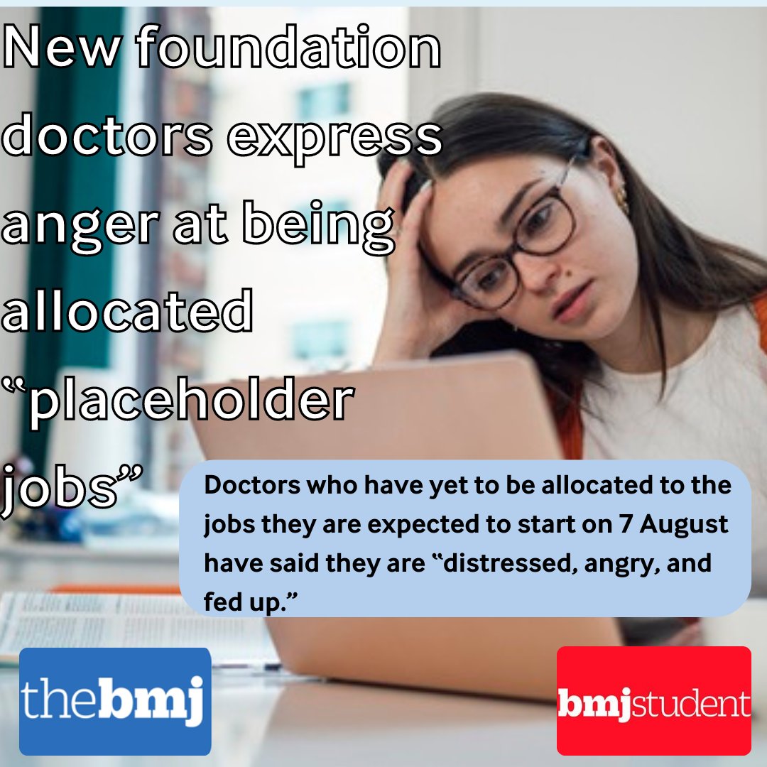 Doctors in the first year of foundation training who have yet to be allocated to the jobs they are expected to start on 7 August have said they are “distressed, angry, and fed up.” @eabhaaa reports bmj.com/content/385/bm…