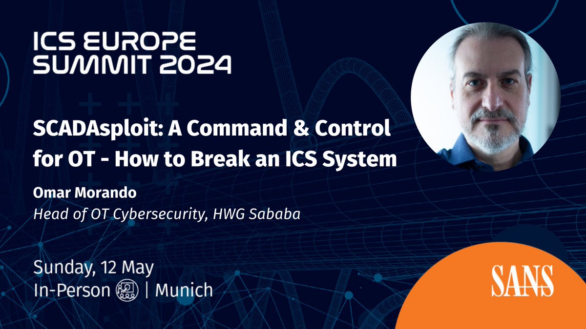 <a href="/OmarMorando/">Omar Morando</a> al #ICSEurope24 di <a href="/SANSICS/">SANS ICS</a> mostrerà come compromettere una workstation SCADA, bypassare l'EDR e penetrare in sistemi PLC e HMI con #SCADAsploit, C2  framework destinato ai sistemi OT. 

Scopri SCADAsploit: bit.ly/3Iy3Vjt
Registrati: bit.ly/3UjJ1Kk