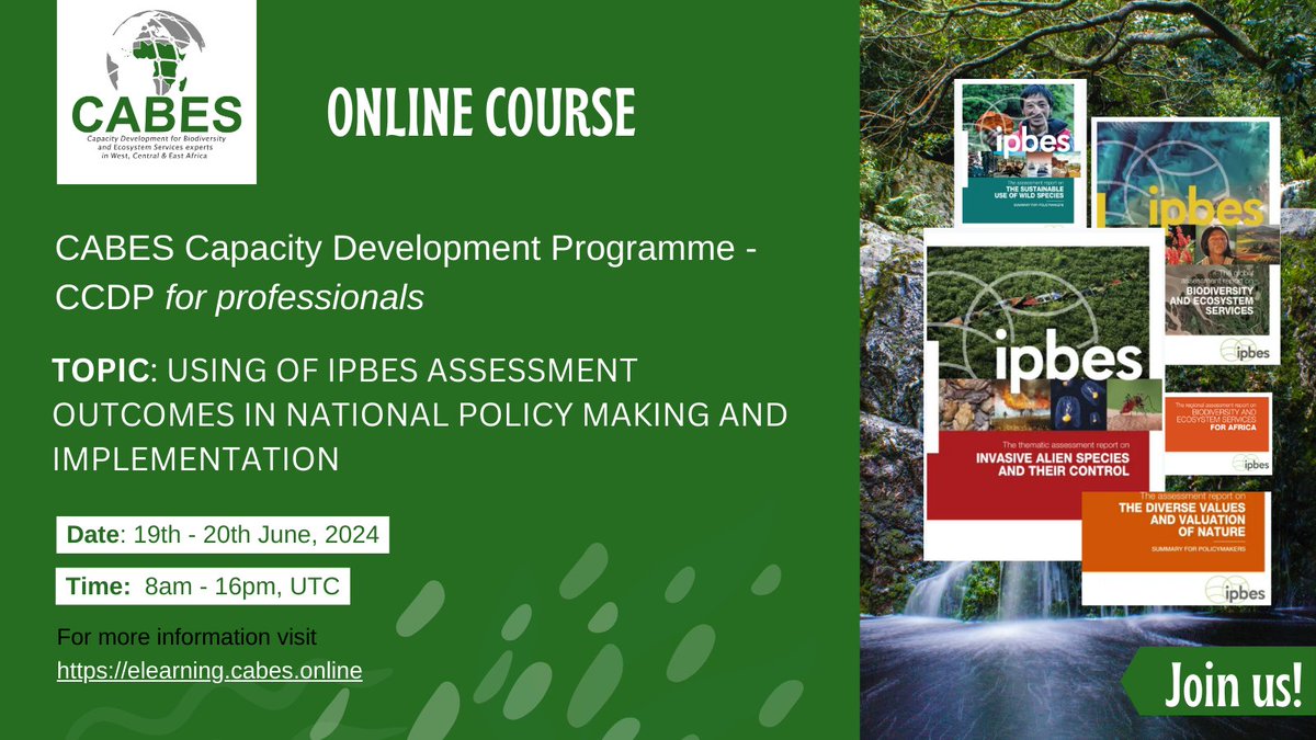 CABES (@cabes_iki) on Twitter photo 📢Want to learn more about the uptake of #scientificevidence into #policymaking? Join us for a course: “Using <a href="/IPBES/">ipbes</a> assessment outcomes in national policy-making & implementation”.
🗓️19 – 20 June 2024
⏰ 8:00 am - 16:00 pm UTC
To register=>elearning.cabes.online
<a href="/iki_germany/">IKI Germany</a> 📢Want to learn more about the uptake of #scientificevidence into #policymaking? Join us for a course: “Using <a href="/IPBES/">ipbes</a> assessment outcomes in national policy-making & implementation”.
🗓️19 – 20 June 2024
⏰ 8:00 am - 16:00 pm UTC
To register=>elearning.cabes.online
<a href="/iki_germany/">IKI Germany</a>