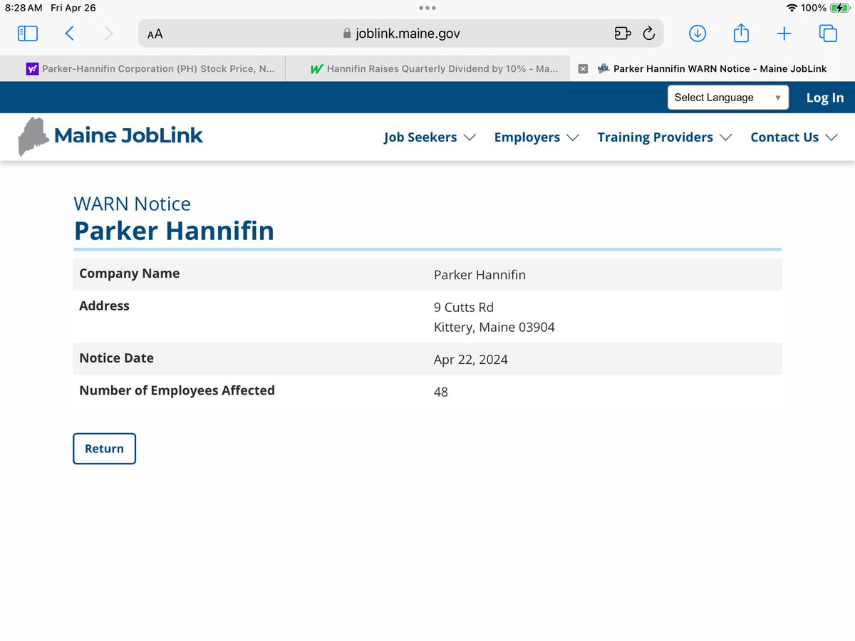Parker-Hannifin Corporation ( $PH) 48 #Maine
#Layoff #Layoffs 

Parker Hannifin will layoff 48 employees at 9 Cutts Rd, Kittery, Maine