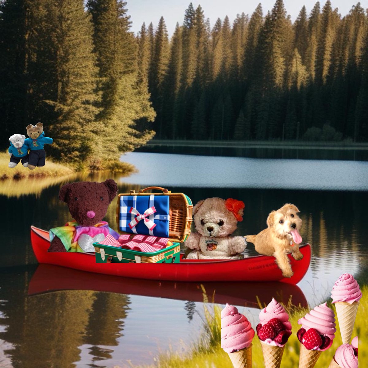 Raspberry @joans1963 in de stern of our canoe on 🇨🇦 lake, @JustTeddy15 and Youngun on shore gave us a push, Ian @BiddieBunnies an me is going to get dem ice creams! We forgotted paddles! #ZSHQ #Bears #Stuffies