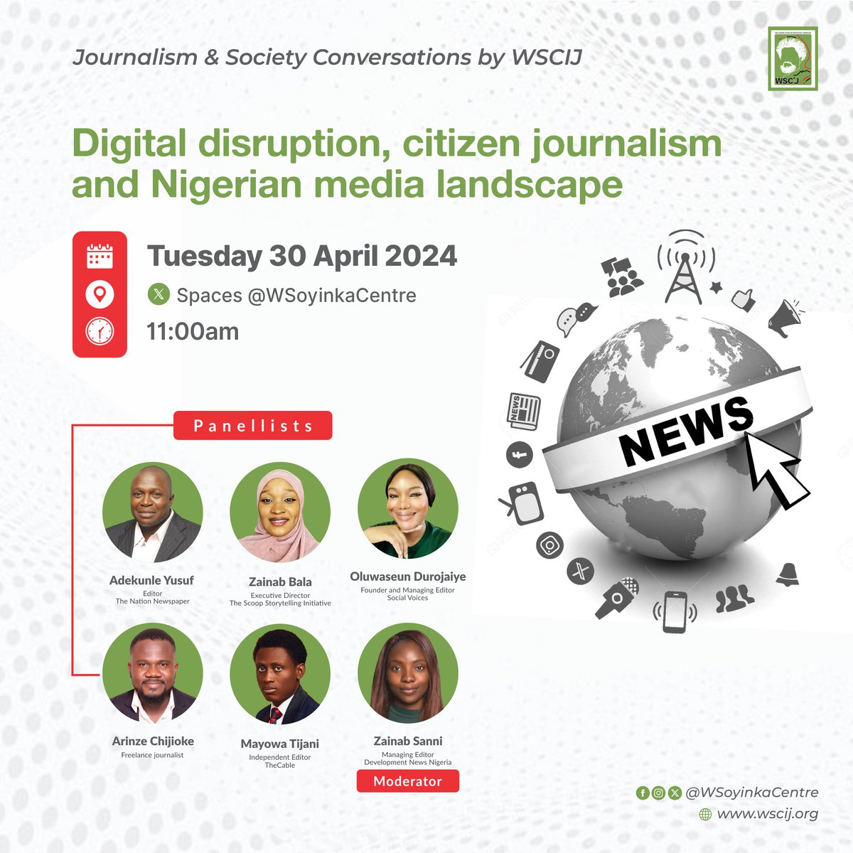 Join our distinguished panellists- @OluwamayowaTJ, @Zainab__Bala of @Thescoopstory; @SeunDuro1, Managing Editor, @SocialvoicesNGR; @gideon_arinze & @adekun90, Head of Investigations Desk, @TheNationNews. 🗓️Tue 30 April ⏰11:00am WAT Click 👉bit.ly/3xZxc4g to participate