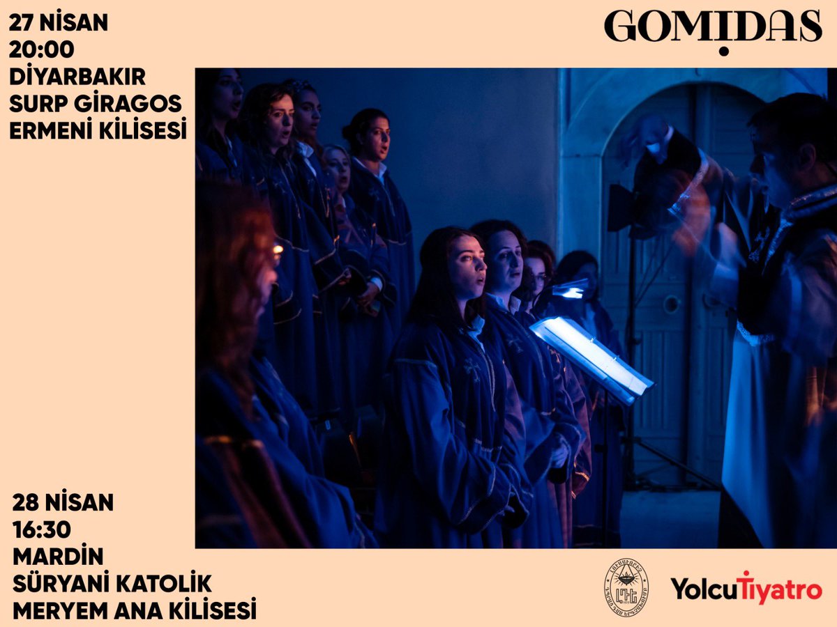 Gomidas Diyarbakır ve Mardin’de🎭🎼 9.Amed Tiyatro Festivali kapsamında 27 Nisan 20.00, Surp Giragos Ermeni Kilisesi 28 Nisan 16.30, Süryani Katolik Meryem Ana Kilisesi Diyarbakır biletleri biletinial.com/tr-tr/etkinlik… #LusavoriçKorosu #Tiyatro #Müzik @amedtiyatro