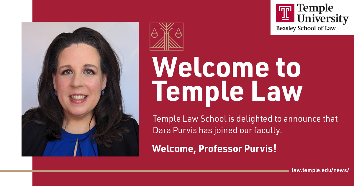 .@DaraPurvis joins Temple from Penn State Law, where she is the Associate Dean for Research and Partnerships. She teaches Family Law, Sexuality and the Law, and Contracts, and her research focuses on sexuality and gender in family law doctrines. bit.ly/3xPSiSO