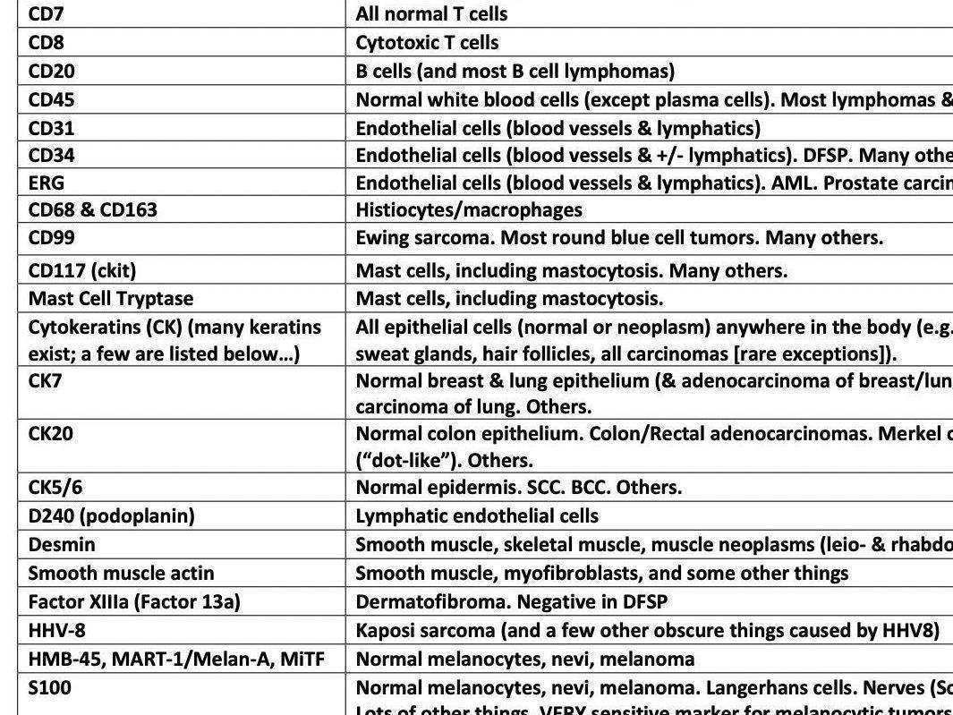 Struggling to learn all those fancy #pathology immunostains? Here's my list of common stains & what they do: kikoxp.com/posts/15871 (download full table free). #medstudents #pathTwitter #path2path #dermpath #dermatology #dermtwitter #usmle #MedStudentTwitter #MedED #medtwitter