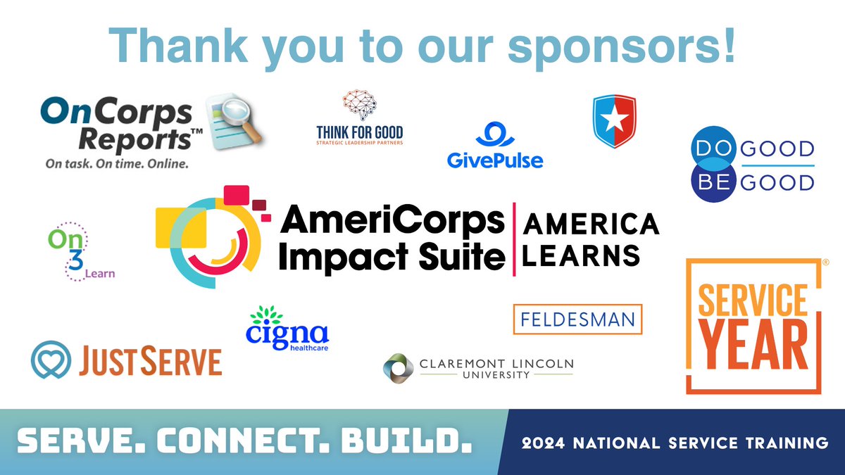 Thank you to our 2024 sponsors for supporting #NationalServiceTraining! We deeply appreciate your partnership.

@americalearns @oncorpsreports @ServiceYear @JustServe @sharontb @Cigna @CLincolnUniv @FeldesmanLaw @givepulse @NewPoliticsAcad @On3Learn @blahnik_llc @traydeadwyler
