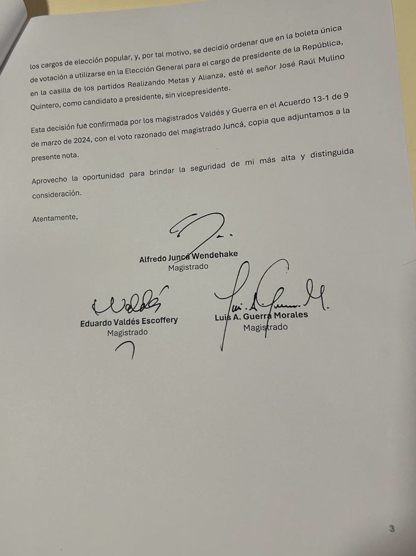 “La decisión de habilitar a José Raúl Mulino como candidato a presidente de la República, en representación de los partidos Realizando Metas y Alianza, fue una decisión del Pleno del Tribunal Electoral” Carta enviada por @tepanama en respuesta a preguntas del Magistrado Olmedo…