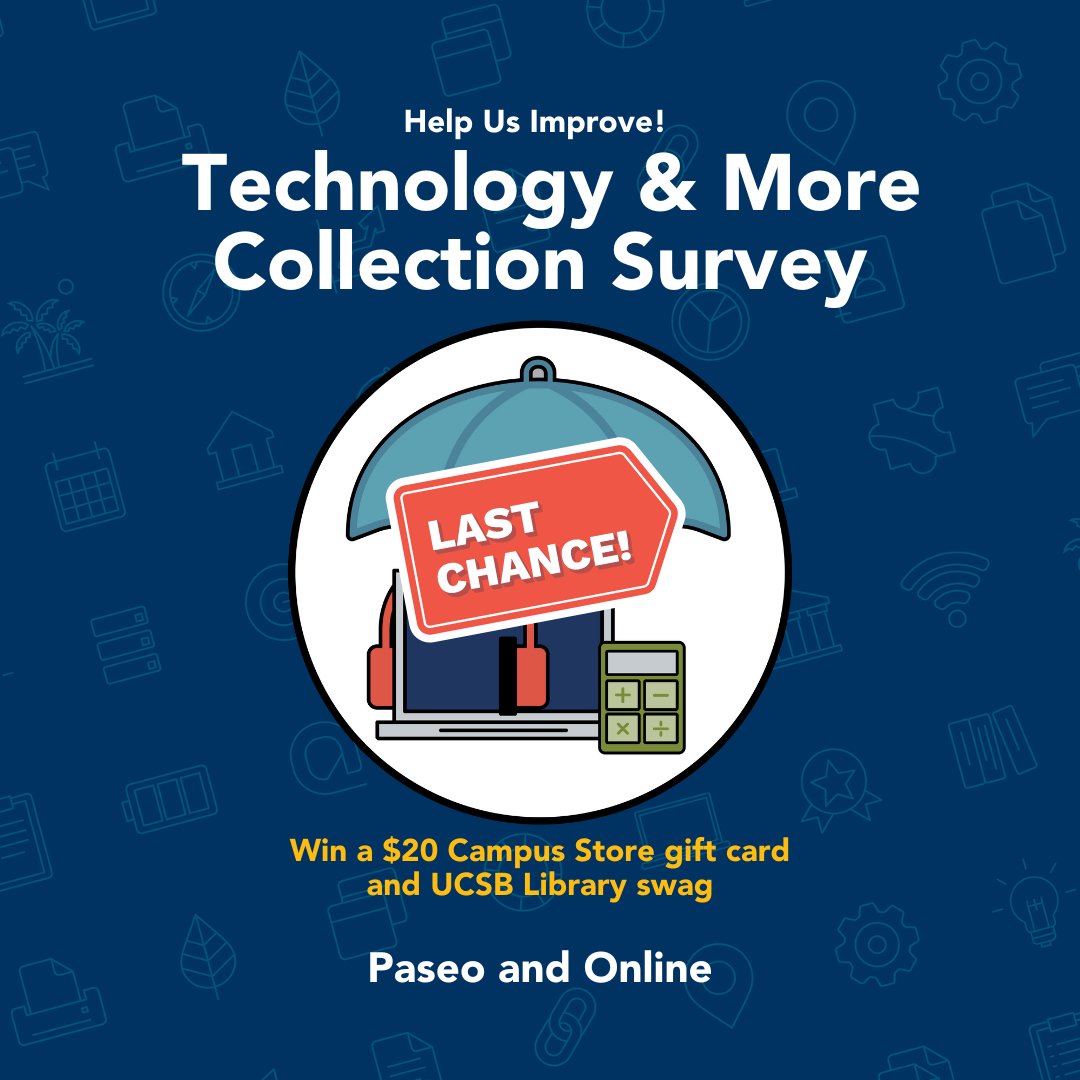 Last chance for UCSB students, faculty and staff to win a $20 Campus Store gift card and some library swag! Complete a short survey about our Technology & More Collection by April 30: docs.google.com/forms/d/e/1FAI… #UCSBLibrary #UCSB #UCSBSantaBarbara