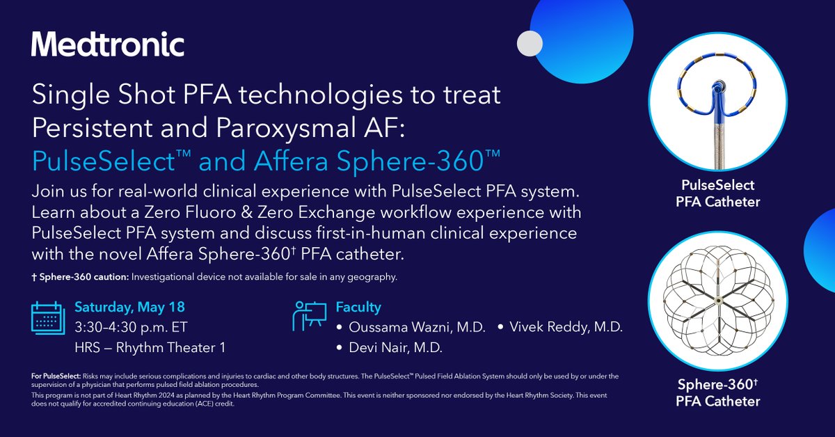Join us for real-world clinical experience with PulseSelect™ PFA System and first-in-human clinical experience with the novel Affera™ Sphere-360™ PFA catheter. See Risk/Benefit Info: bit.ly/49Qab0V Learn more: bit.ly/3wdUfYL